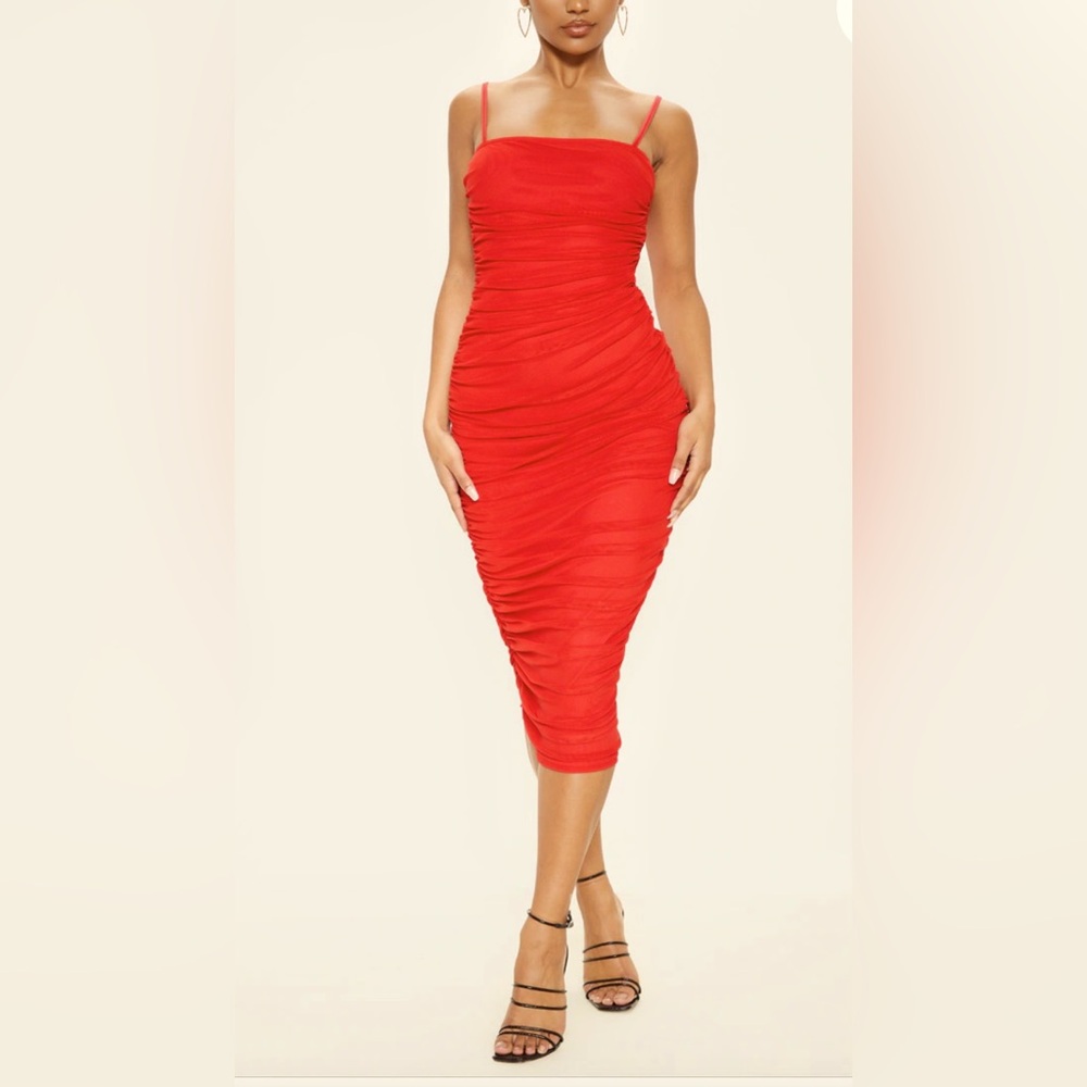 PRETTYLITTLETHING  I  Red strappy mesh ruched dress size 12US/16UK